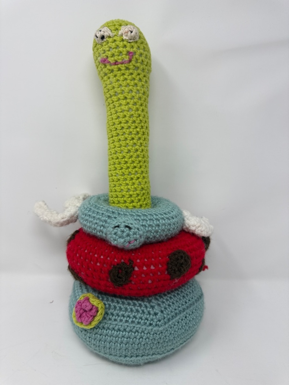 15” Handmade Crochet Stacking Toy - Green, Red, Light Blue animals -Kids soft